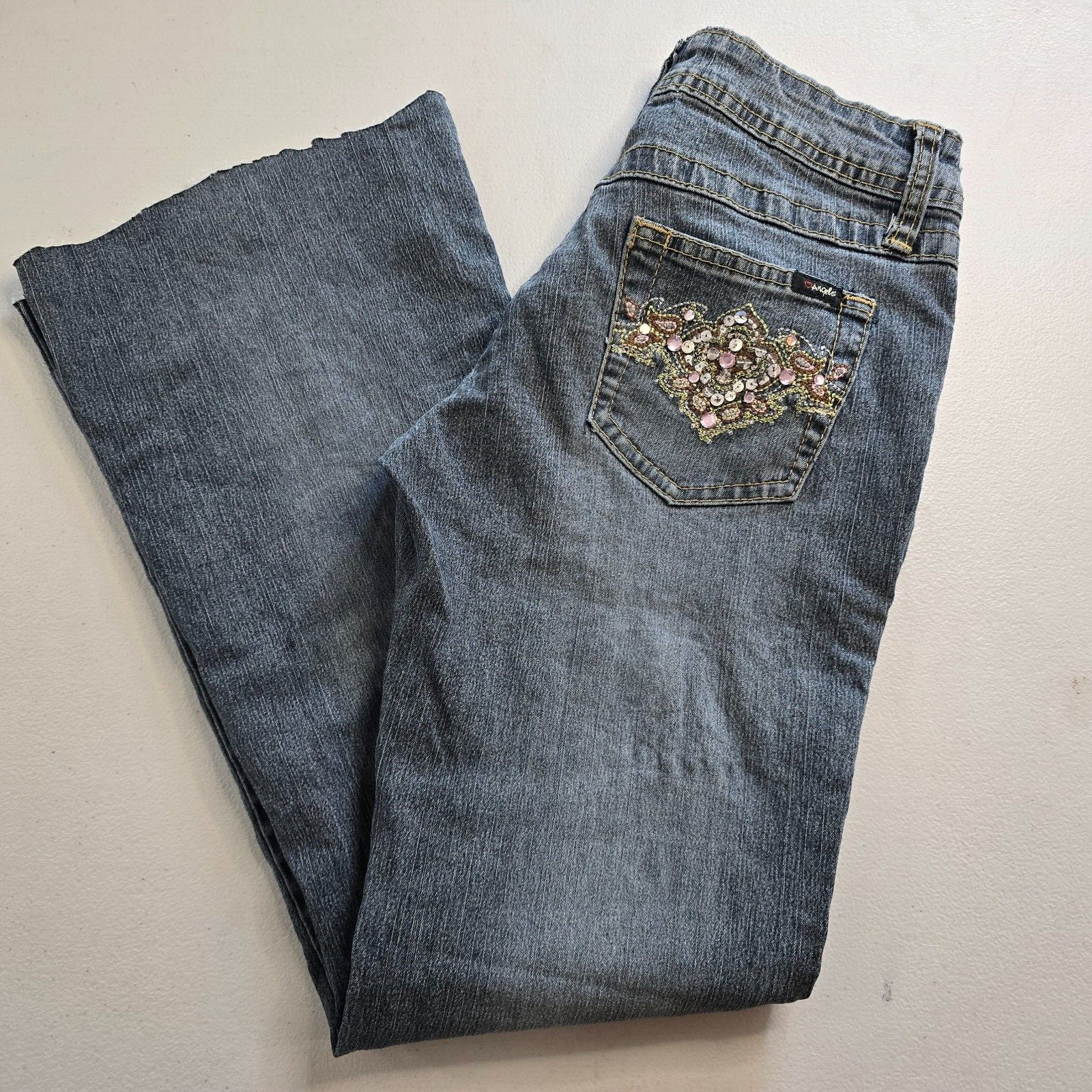 Angels Jeans Juniors 3 / 28 Blue Flare Raw Hem Ankle Embordered Sequin Bejeweled