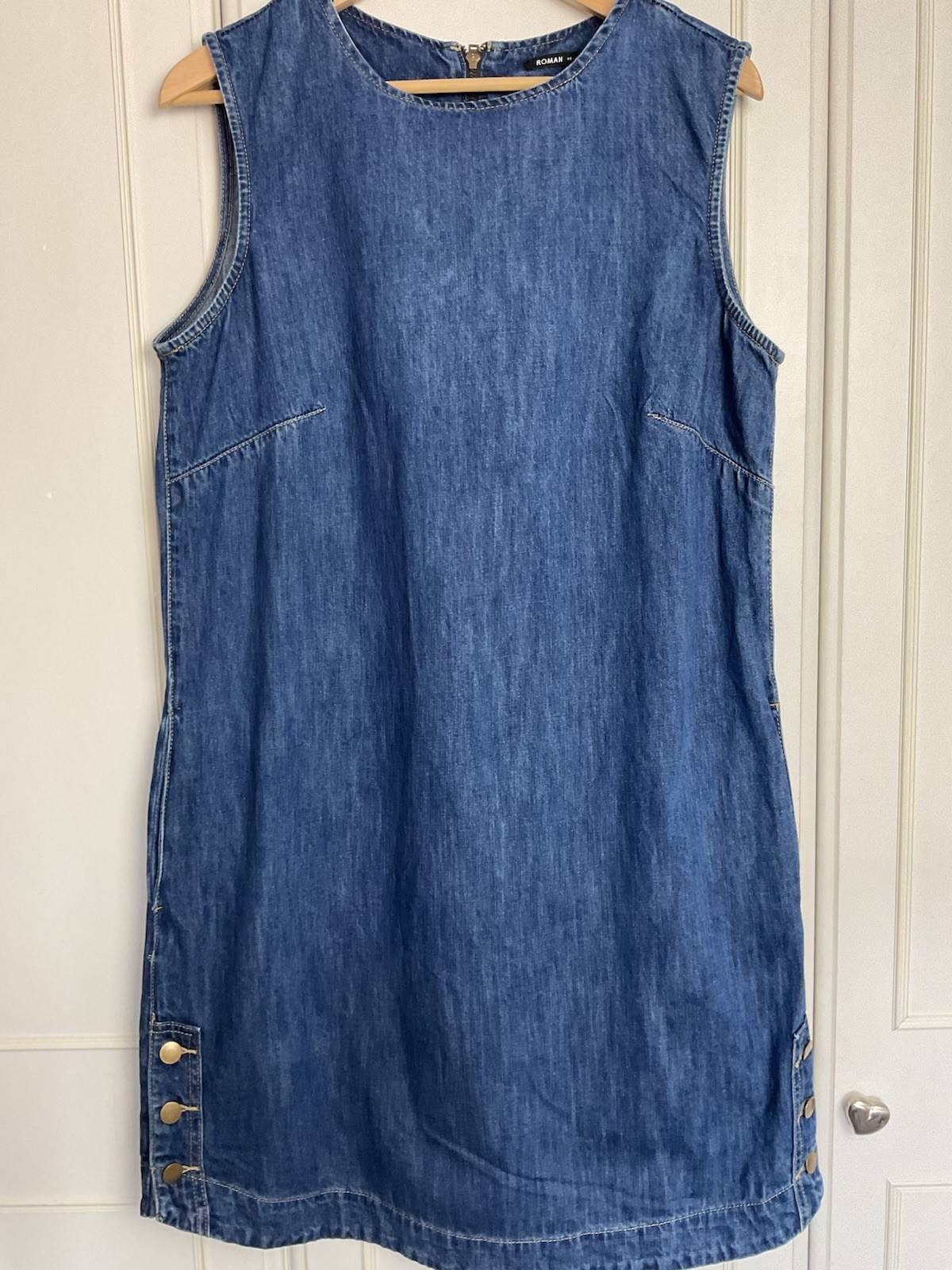 Roman Sleeveless Denim Dress UK 14 Blue Pockets Tunic A Line Knee Length Cotton