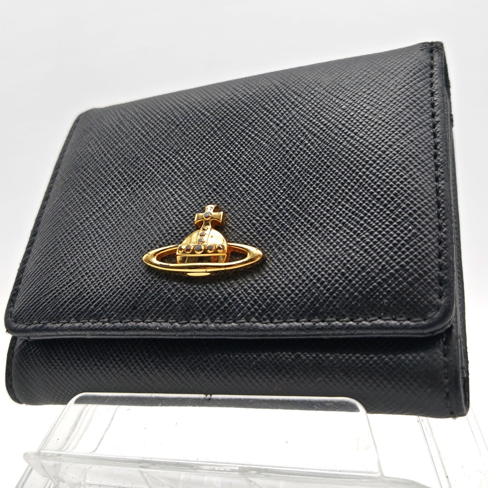 Vivienne Westwood SMALL FRAME WALLET Orb Tri-fold purse Saffiano Leather Black
