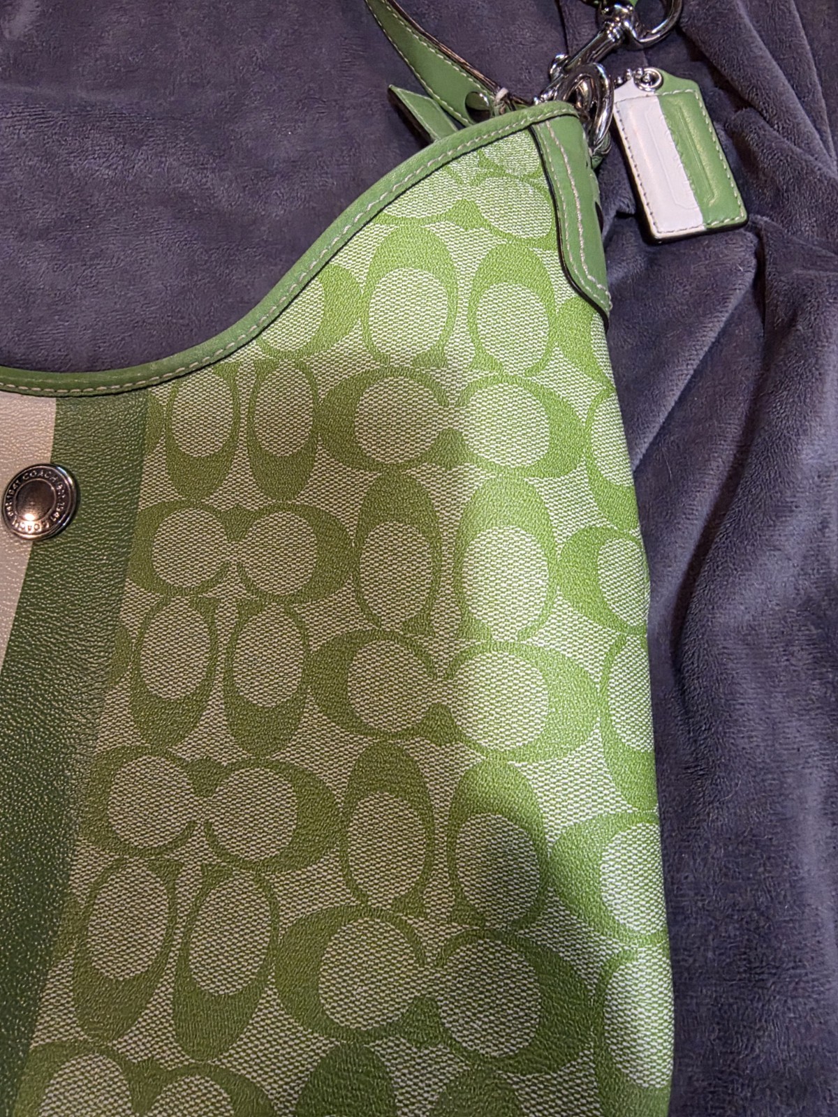 Vintage Coach Heritage Stripe hobo bag in a lime green & white signature canvas