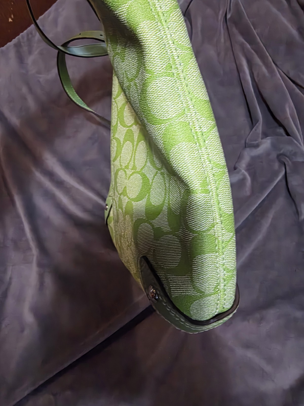 Vintage Coach Heritage Stripe hobo bag in a lime green & white signature canvas