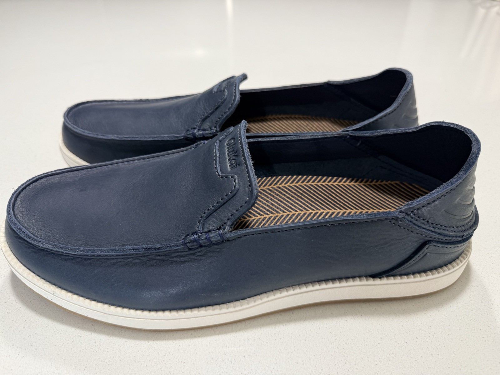 Olukai Men’s Kakaha Nia Leather Slip-On Shoes Mood Indigo Size 12 MSRP $140