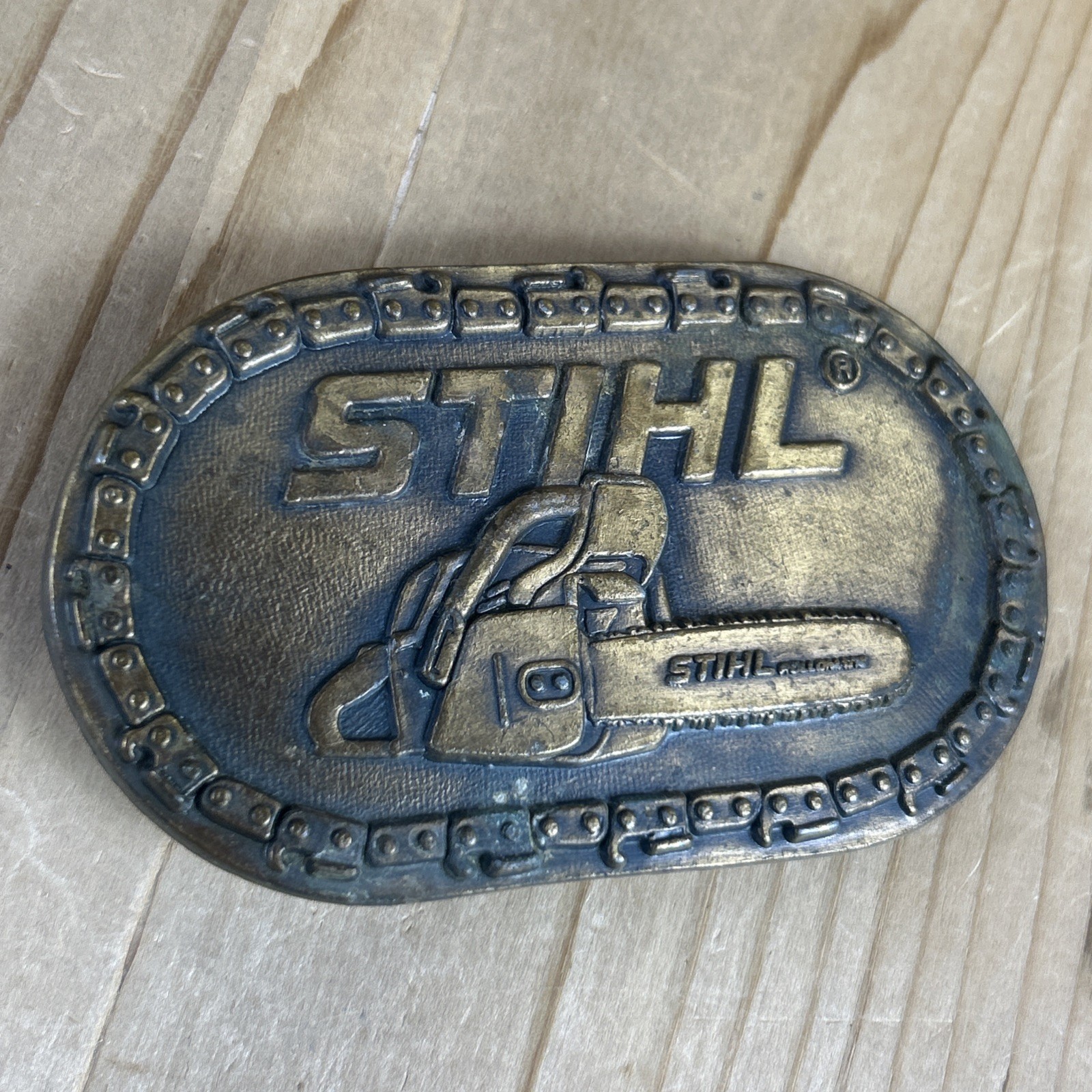 STIHL Chainsaw Belt Buckle Brass Chain Border Vintage 1980s