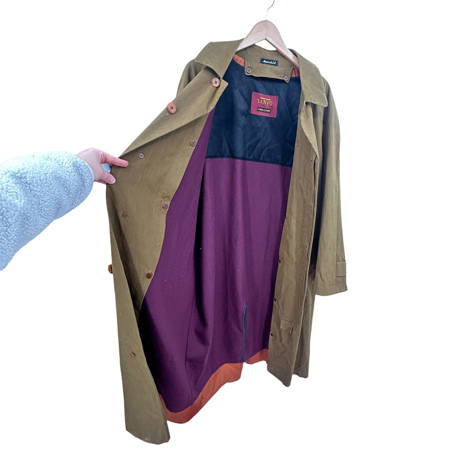 Vintage Olive Trench Coat Wool Lined Tie Back Minimalist Academia Long Old Money