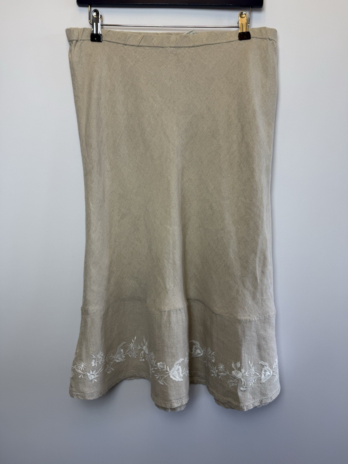 Orvis 100% Linen Skirt UK 12 Beige Elasticated Waist Embroidered Hem Summer