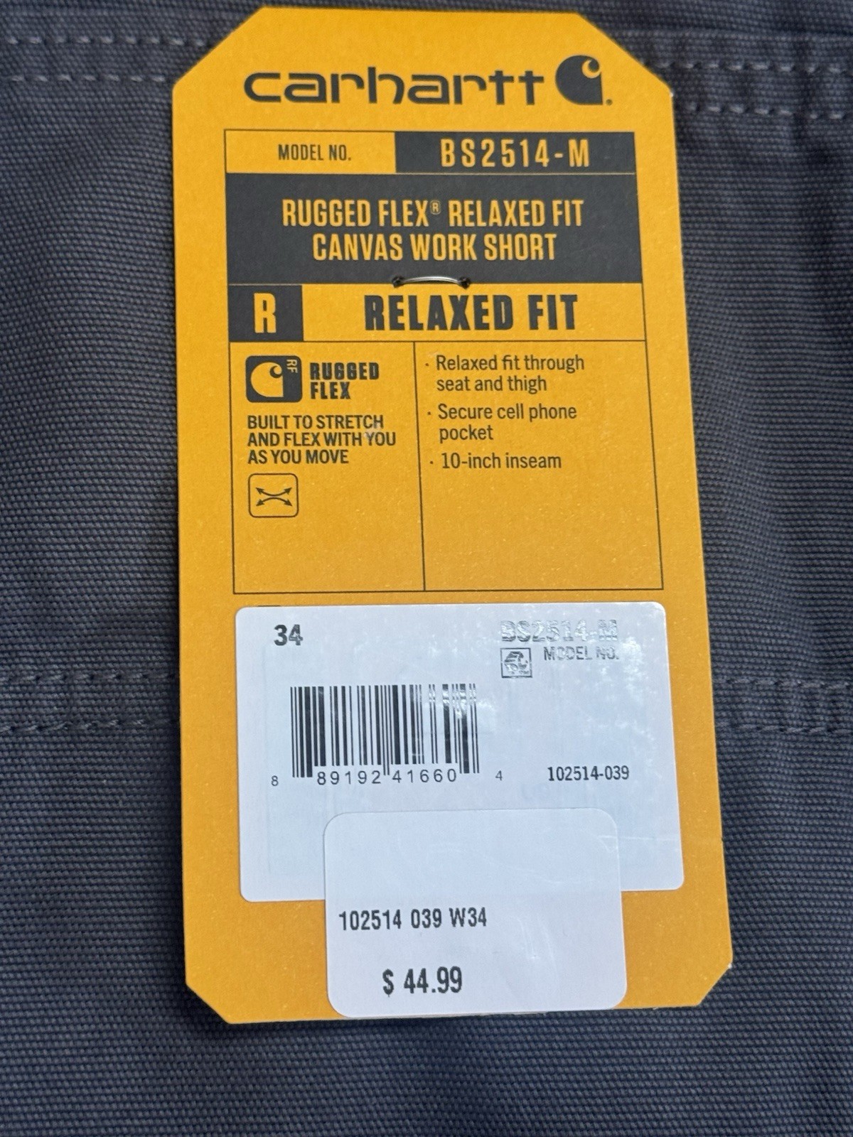 Carhartt 10” Rigby Relaxed Fit Grey Canvas Work Shorts BS2514 Men’s Size 34