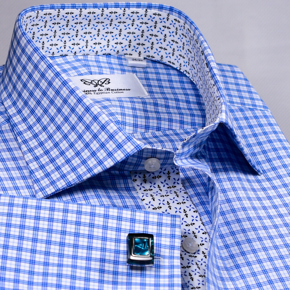 Light Blue Checkered Formal Business Shirt With Floral Inner Lining Top Quality