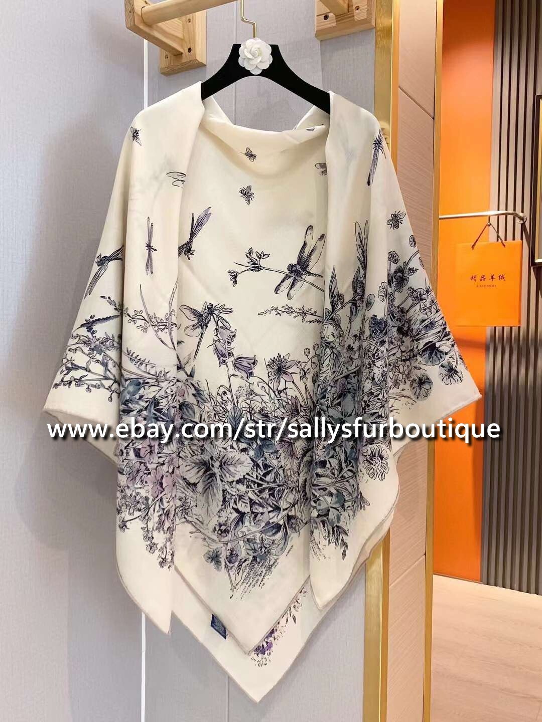Sallys 75% Cashmere 25% silk Wrap Scarf Dragonfly Print Double Face Shawl 53″