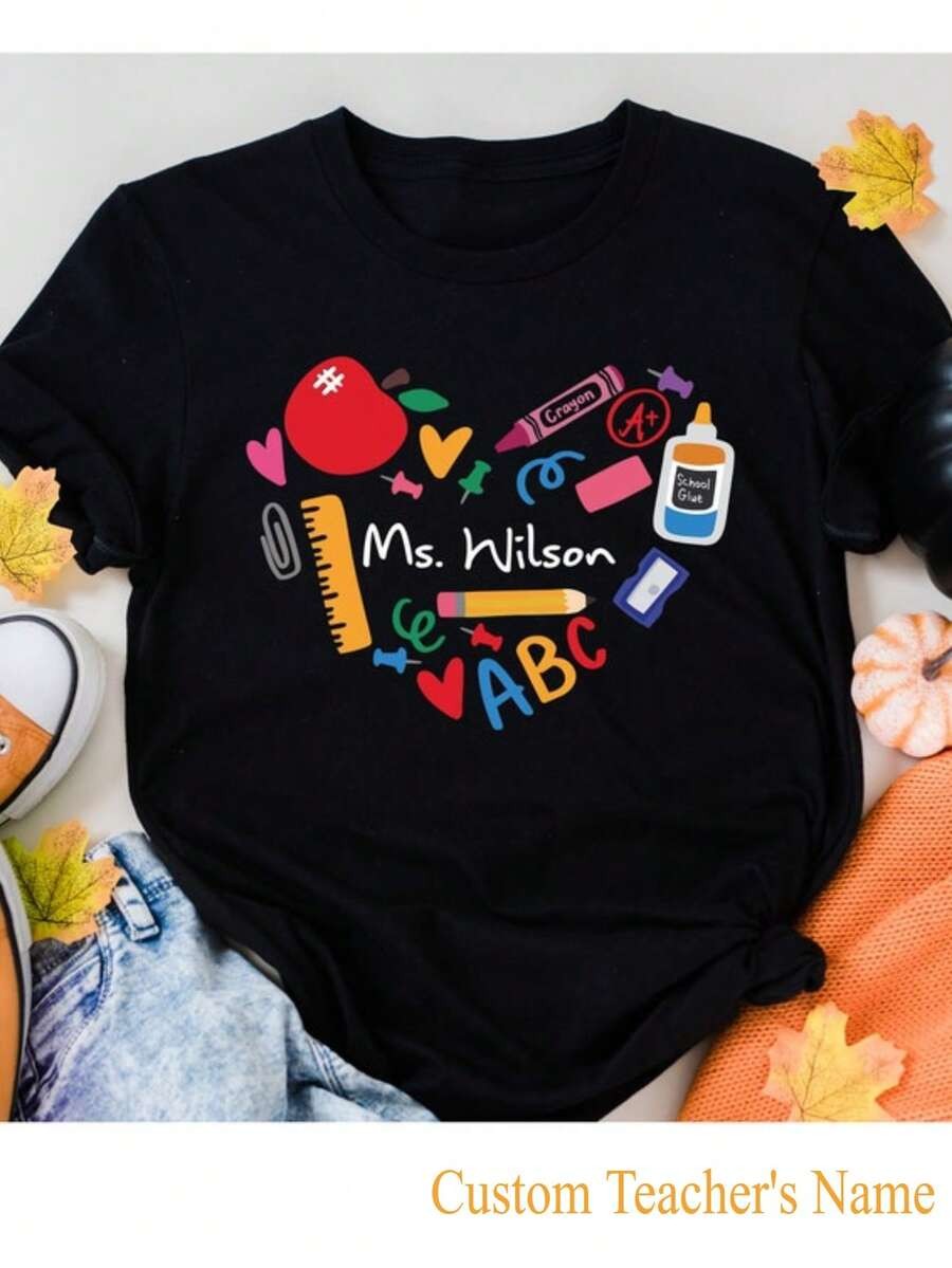 Custom Teacher Name & Heart Tee School Staff Shirt Team Gift Cotton