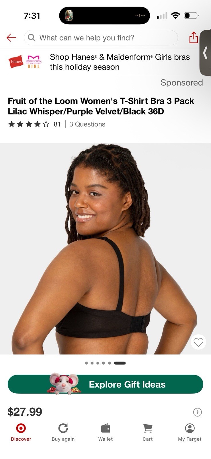 Fruit of the Loom Women’s T-Shirt Bra 3 Pk Lilac Whisper/Purple/Black SZ 36D New