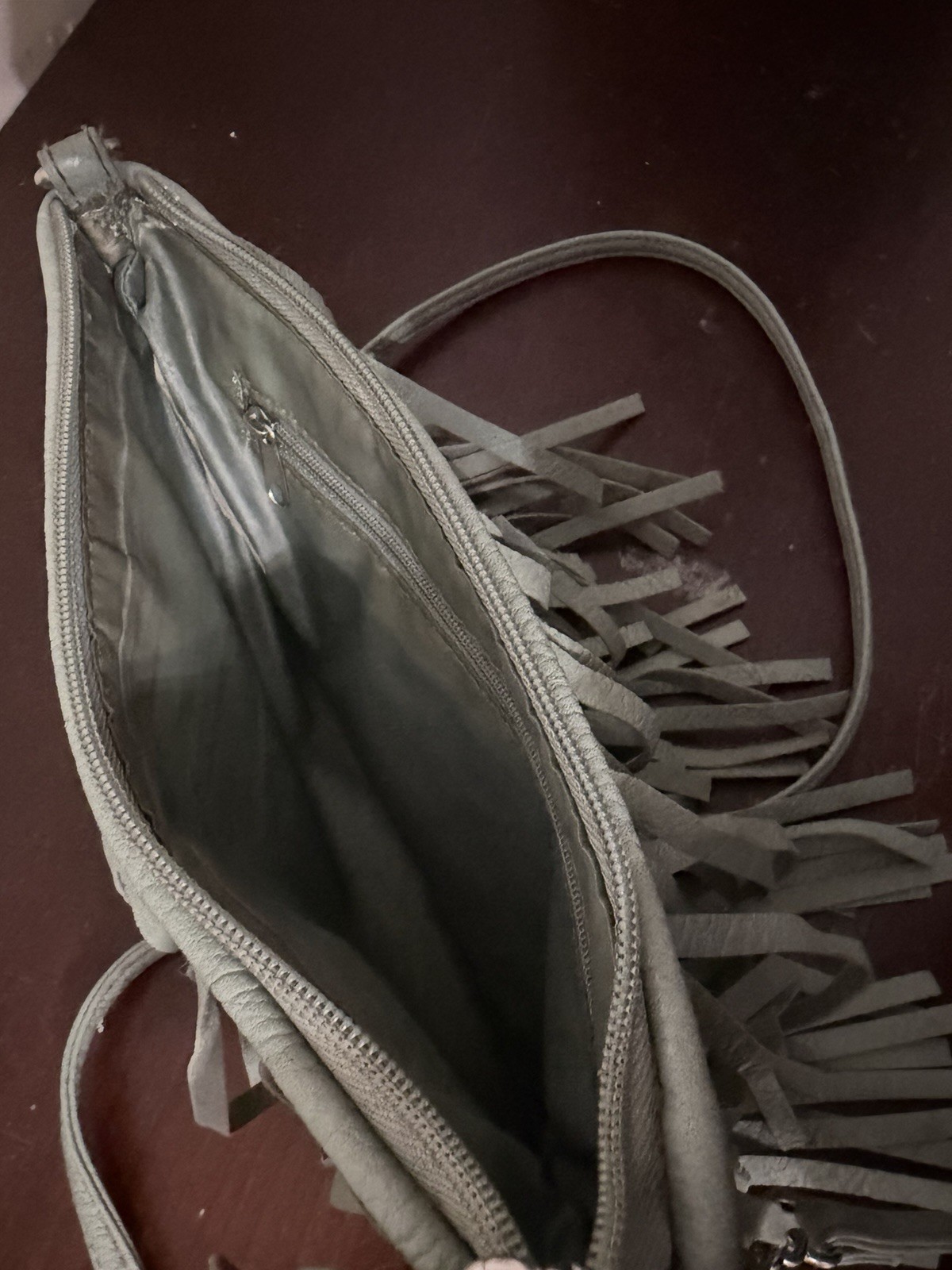 Greenish Gray Fringe Small Crossbody Purse w/ Silver Chain Strap Zip Closure
