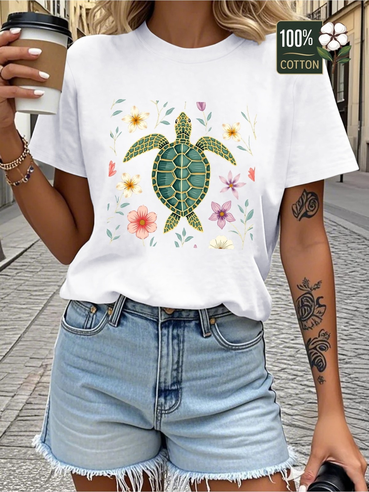Women‘s Sea Turtle Floral Graphic T-Shirt Beach Summer Casual Tee