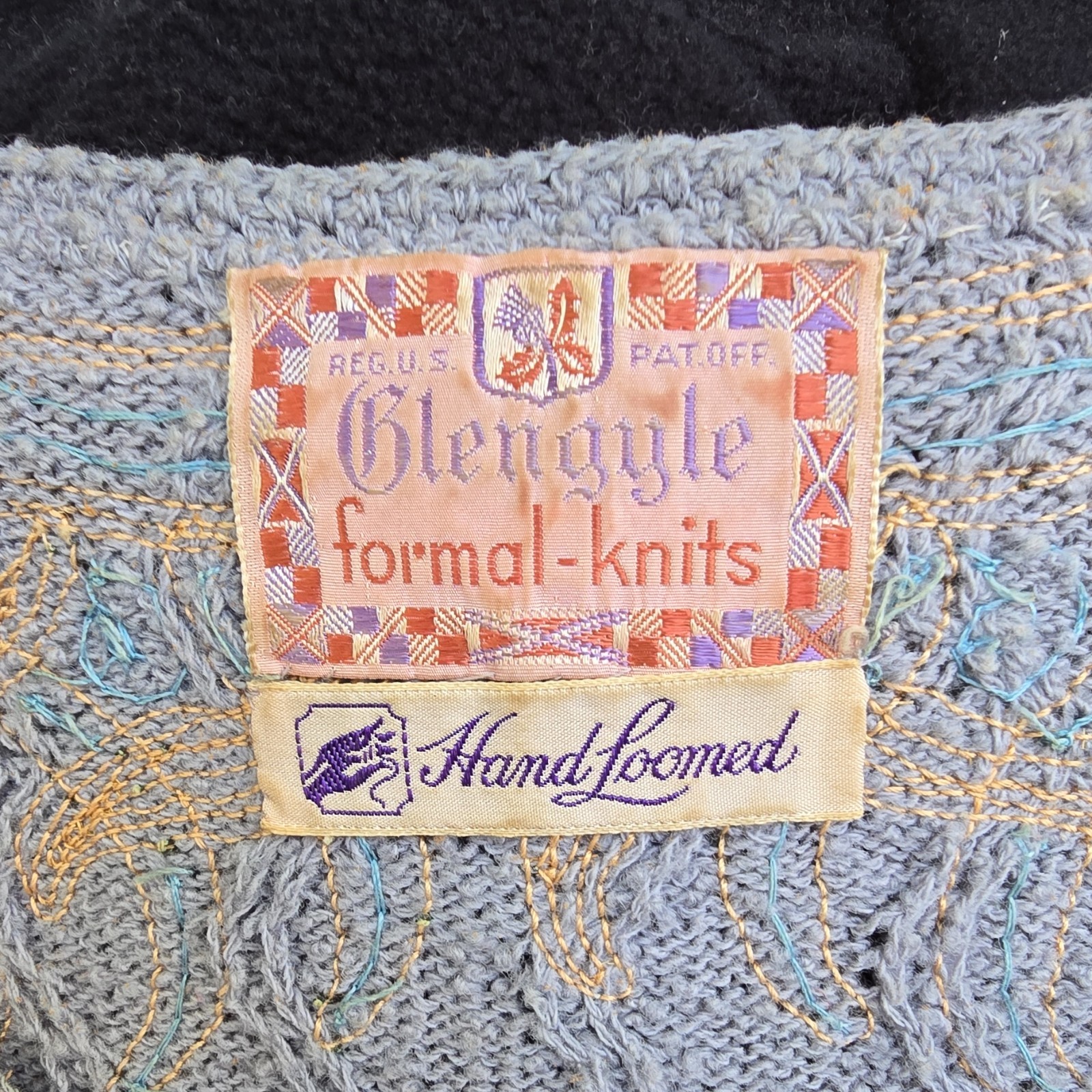 Antique 50s Glengyle Hand Loomed Knit Sweater Dress Light Blue Gold Sequins