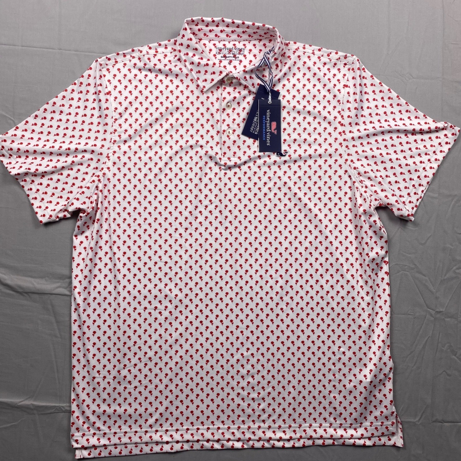 Vineyard Vines Sankaty Kentucky Derby Rose Micro Polo Mens XL White Performance