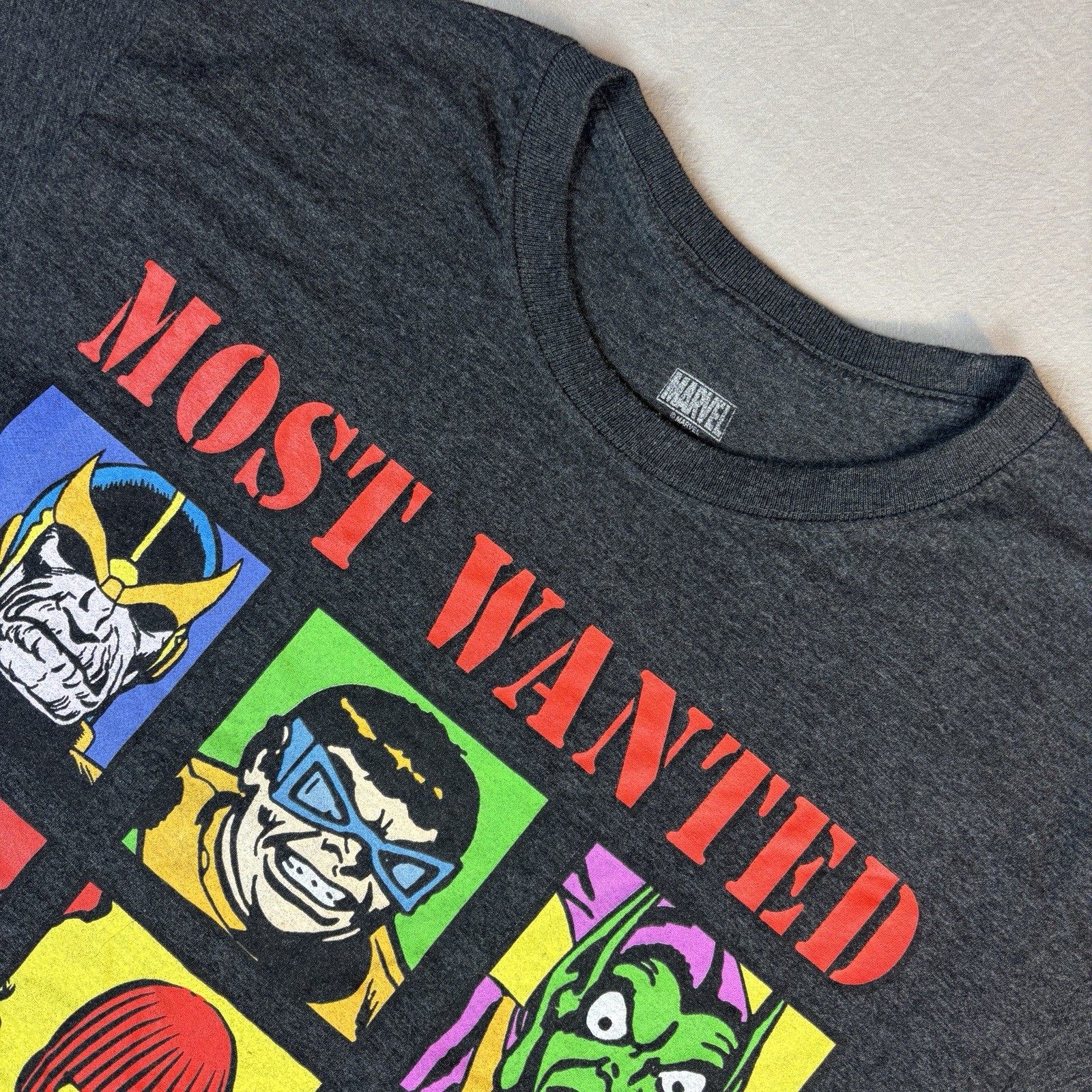 Marvel Shirt Mens XL Gray Short Sleeve Most Wanted Marvel Universe Characters