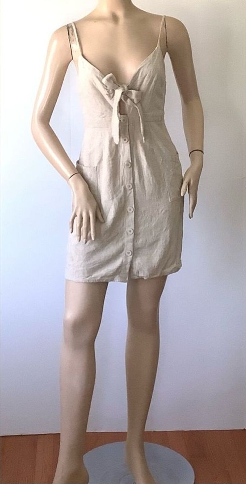 EVERLY Linen Blend Natural Oatmeal Shade Thin Adjustable Strap Dress (Size S)
