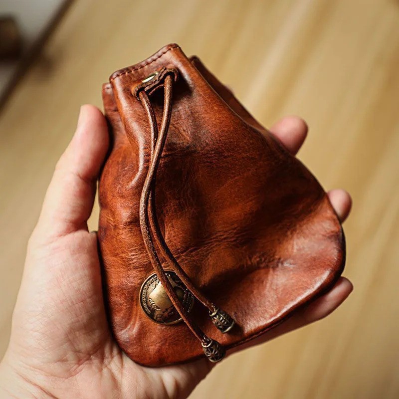 Leather Wallet Coin Pouch Case Drawstring String Bag Small Purse For Men Women