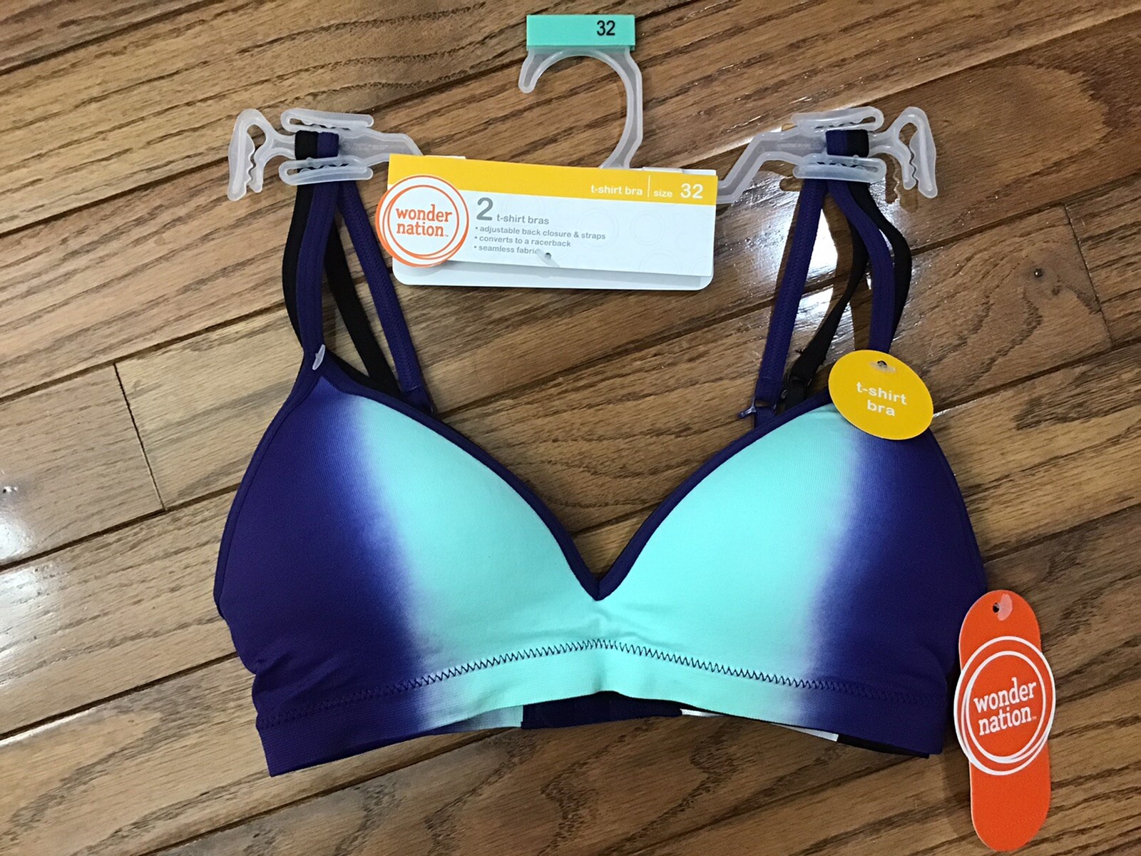 NWT Wonder Nation PL140 2 Pack No Wire Size 32 T-shirt Bras, Convertible (A12
