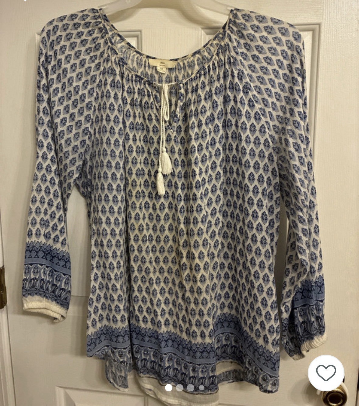 BLU Women’s Blue/White Geometric Round Neck Tie Tasseled Blouse fits like large