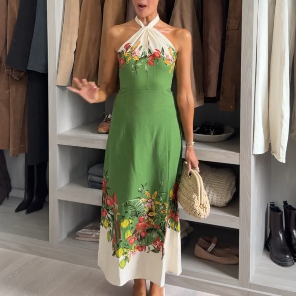NWT H&M Linen-blend Halterneck Dress Green/flowers 1329753001 Sizes S, M, L