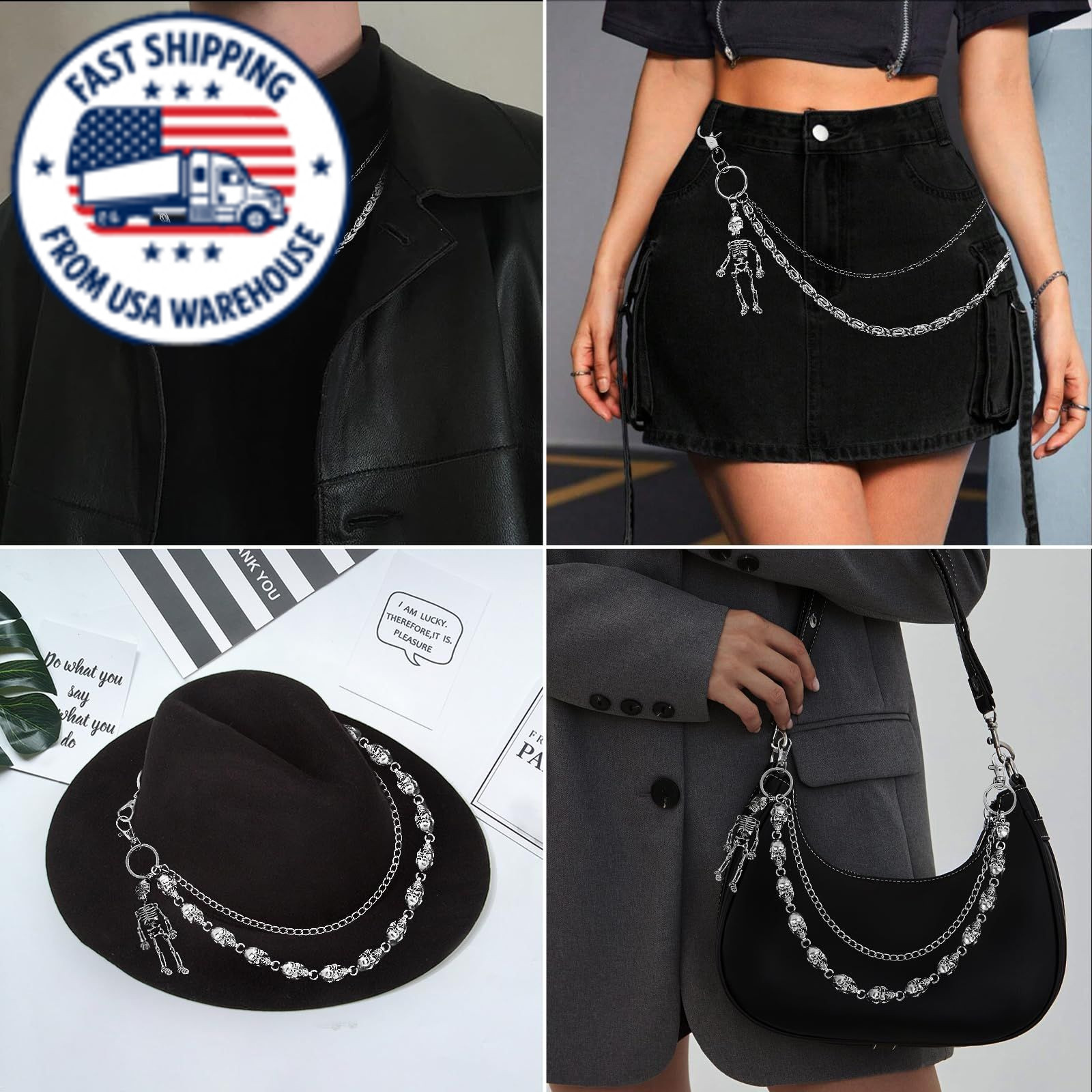 2 PCS Skull Pants Chain for Men Women Wallet Chains Standard, Silver
