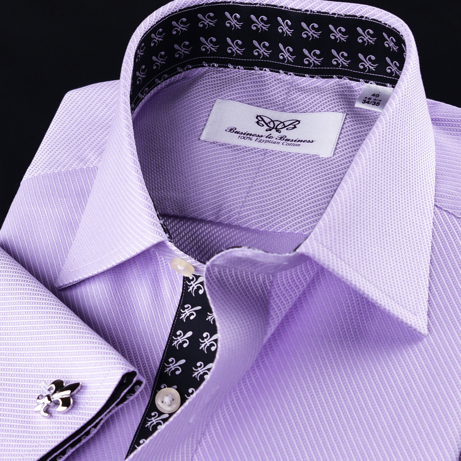 Lilac Twill With Black Italian Fleur-De-Lis Inner Lining Formal Dress Shirt Top