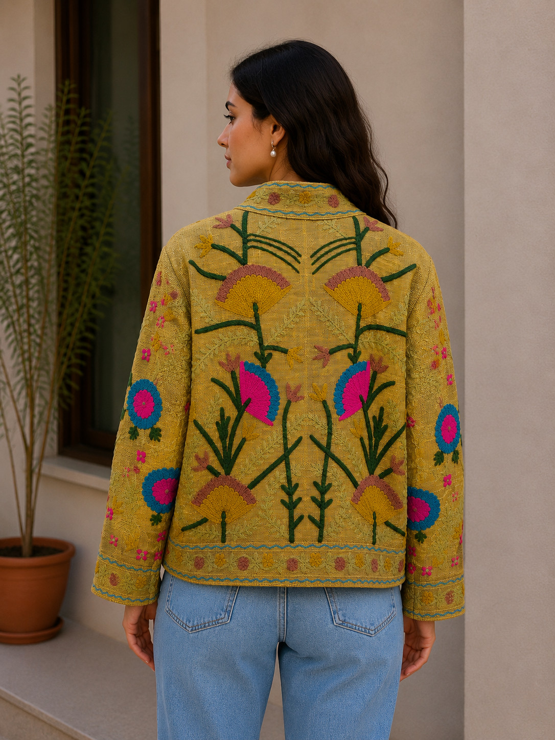 Yellow Floral Cotton Suzani Jacket Handmade Embroidered Festival Coat & Jackets