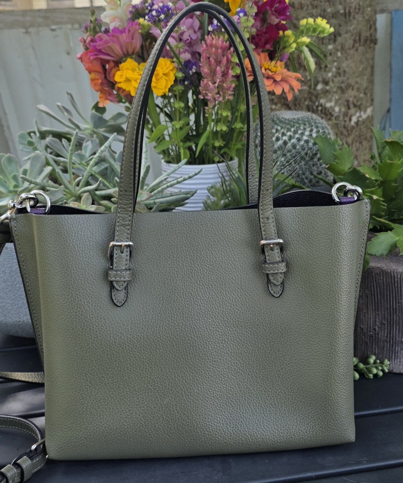 Coach Women’s Green Pebbled Satchel Top Handle Bag Zip, Purple Lined, Strap