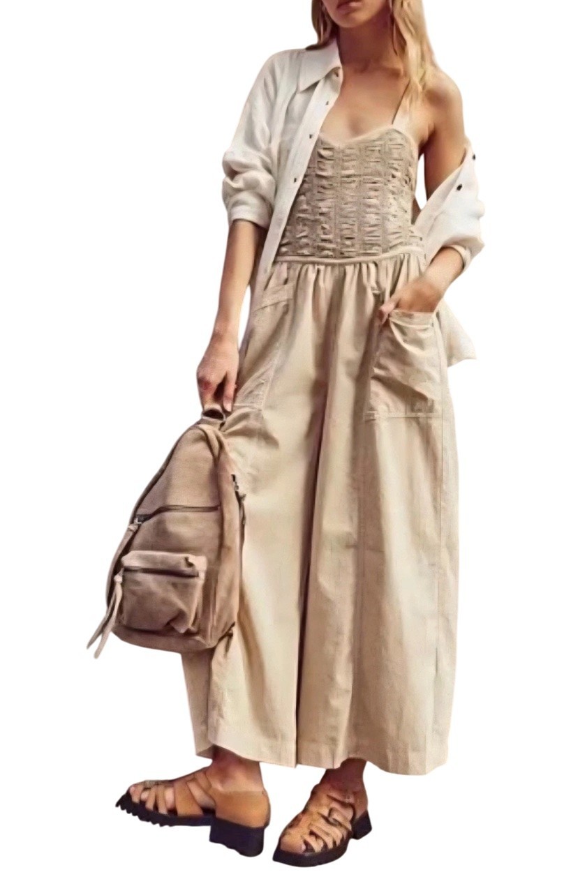 Free People Forever Always Cotton Wide Leg Jumpsuit in Beached Sand Size L