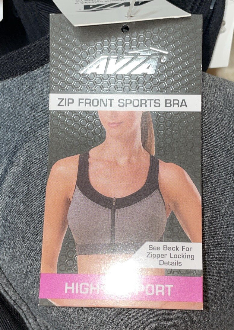 NWT Womens Avia Black & Grey Heather Zip Front Seamless Sports Bra Size Medium