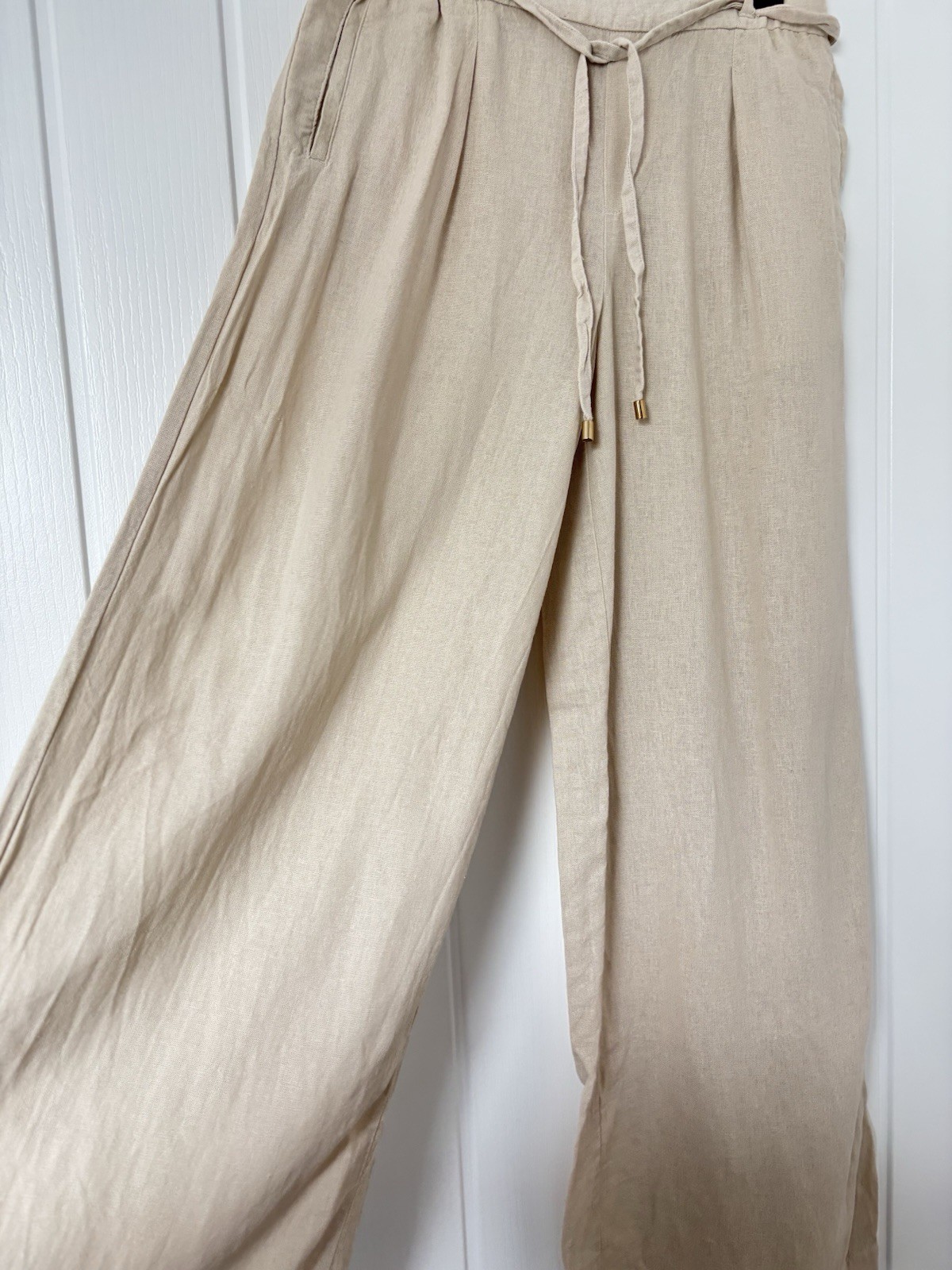 Zara Beige Natural Ecru Linen Blend Wide Leg Trousers Pants Tie Xs Pockets High