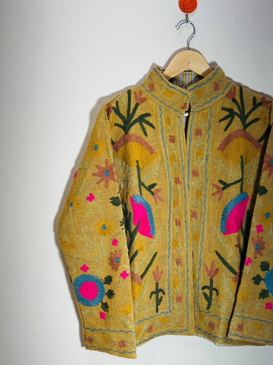 Yellow Floral Cotton Suzani Jacket Handmade Embroidered Festival Coat & Jackets