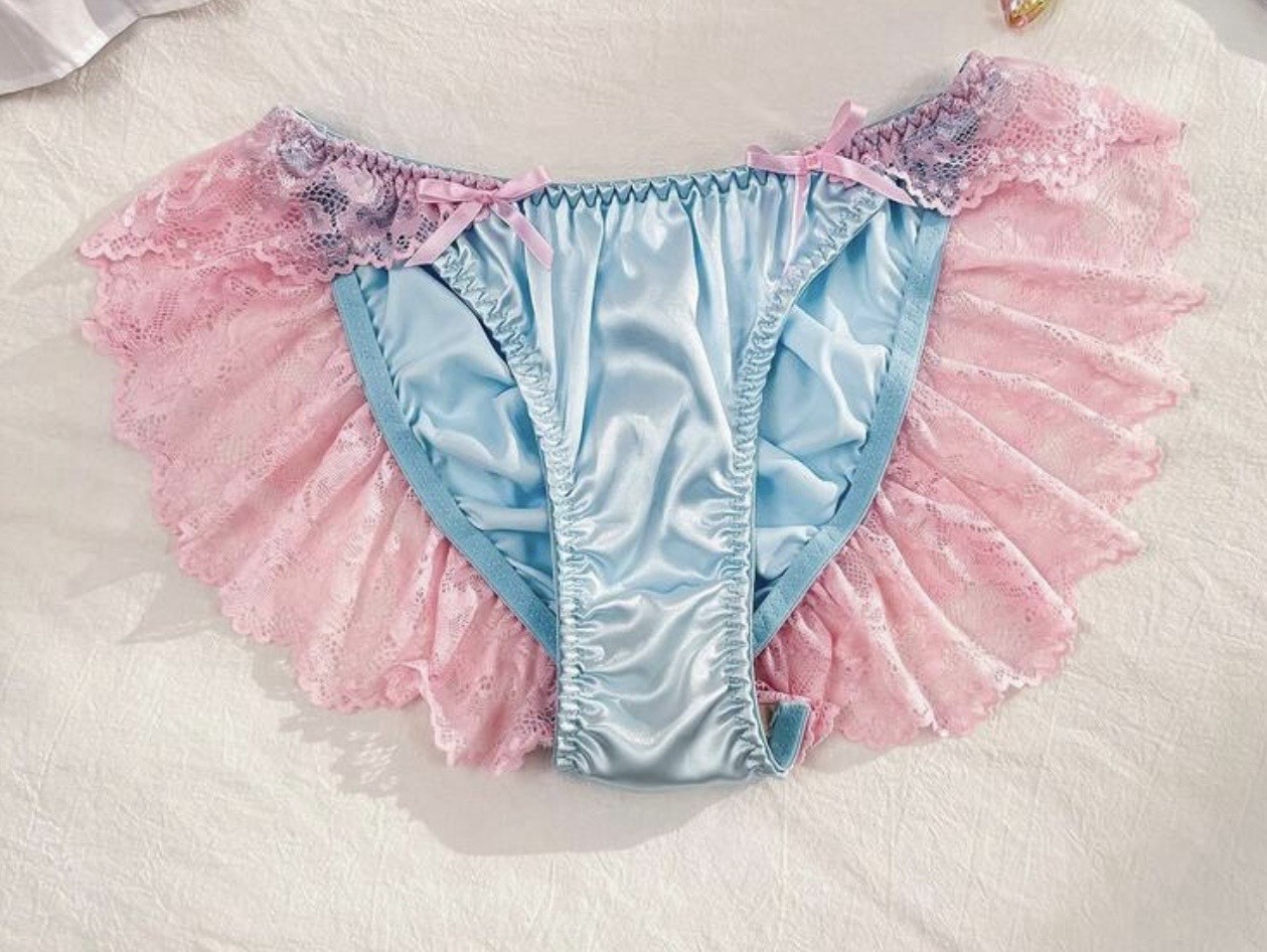 Baby Blue Satin & Pink Frill Lace Ruched Bum Bikini Panties Knickers Sissy Sz L