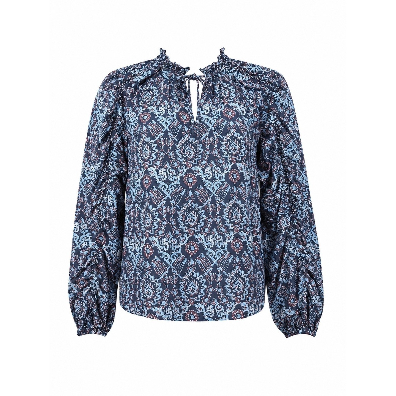 EVEREVE | Boho Romantic Ruffle Sleeve Tie Neck Keyhole Medallion Blouse | M