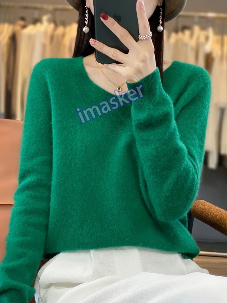 Women’s V-neck Pullover Sweater Knitwear Soft Warm Cashmere Loose Grace Style