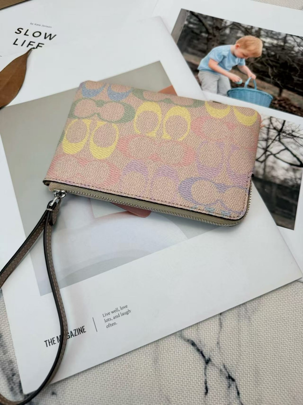 COACH Corner Zip Wristlet In Rainbow Signature Canvas CDF28 Silver w/box