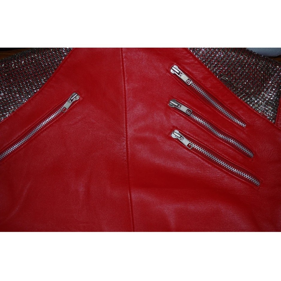MJ Thriller Beat It Red Real Leather Jacket Michael Jackson Inspired Men New