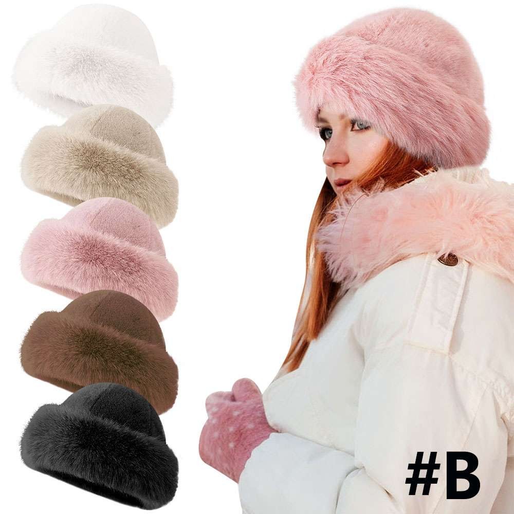 Women Winter Fake Fur Hat Mongolian Cap Warm Beanie W/Soft Fluffy Fur Brim Hat