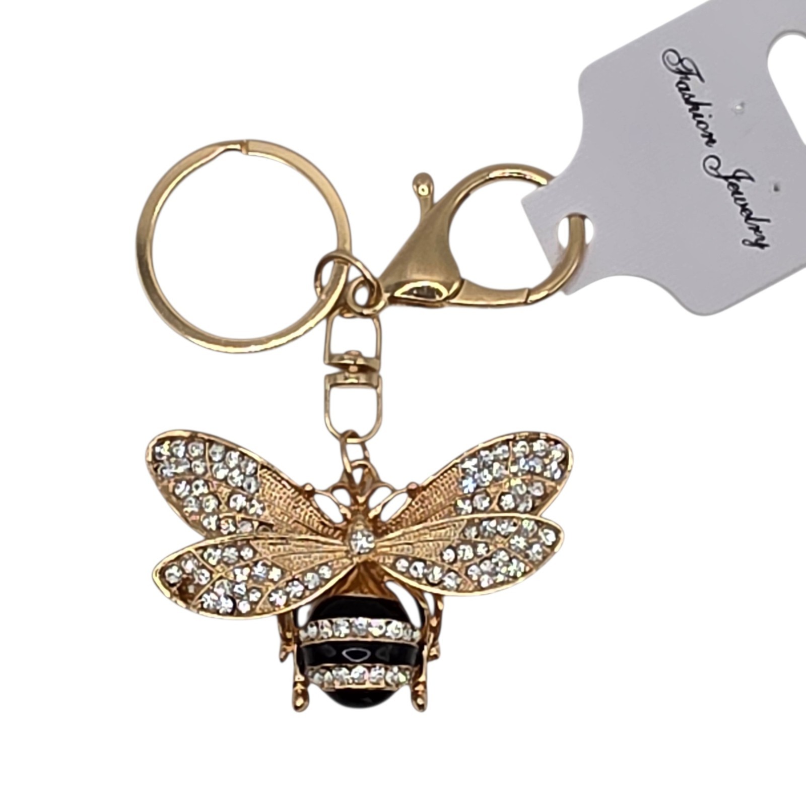 Rhinestone Bee Key Chain Keyring Bag Charm Gold Tone Black Clear