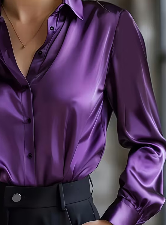 New Classy Elegant Silky Sensuous Purple Satin Long Sleeve Blouse Plus 2XL NEW