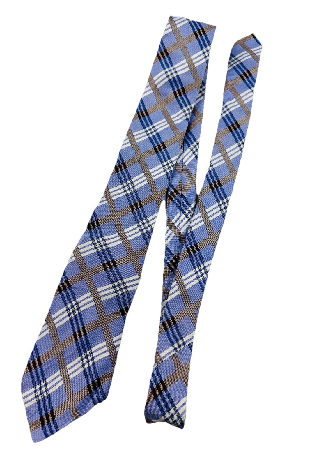 Vintage Dockers Silk Tie 60”x3.5” Periwinkle & Tan White Plaid Tartan Design