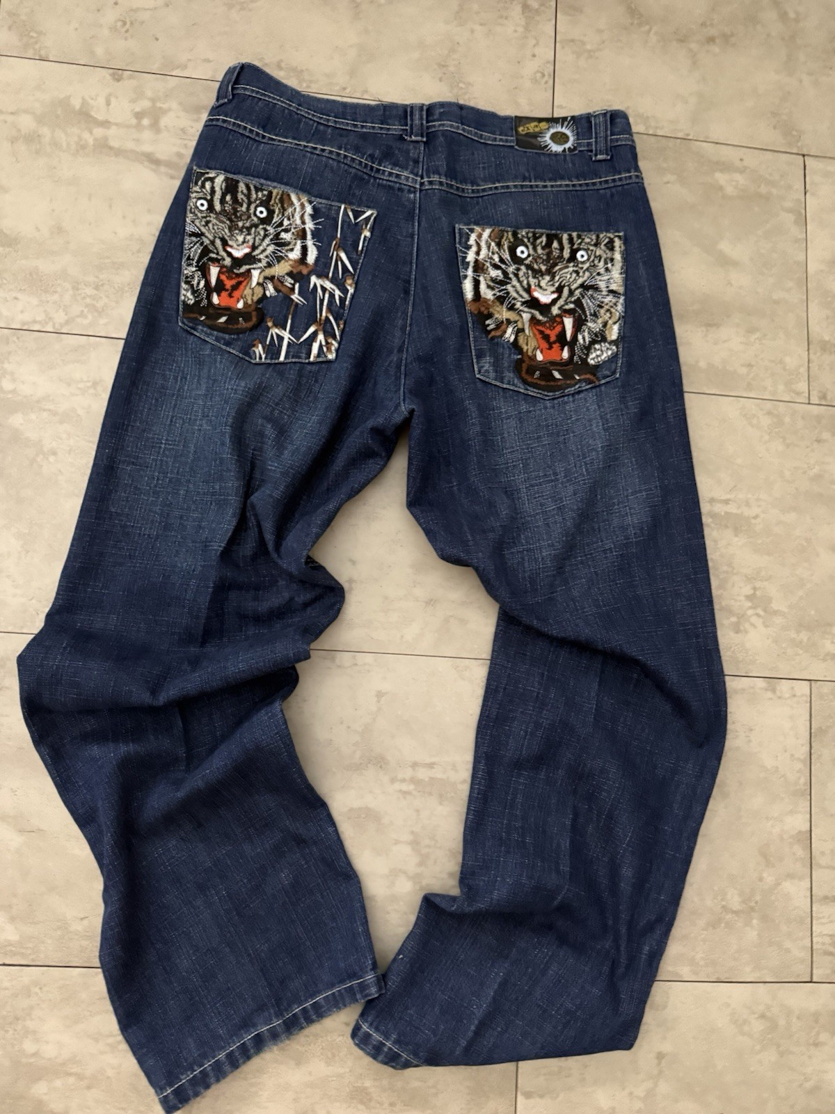 EXA Unlimited Men’s Hip Hop Skater Baggy Embroidered Y2K Denim Jeans 36×34