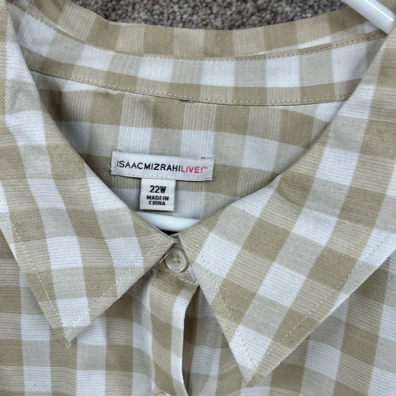 Isaac Mizrahi Live Women’s Button Up Size 22W Beige White Plaid Long Sleeve