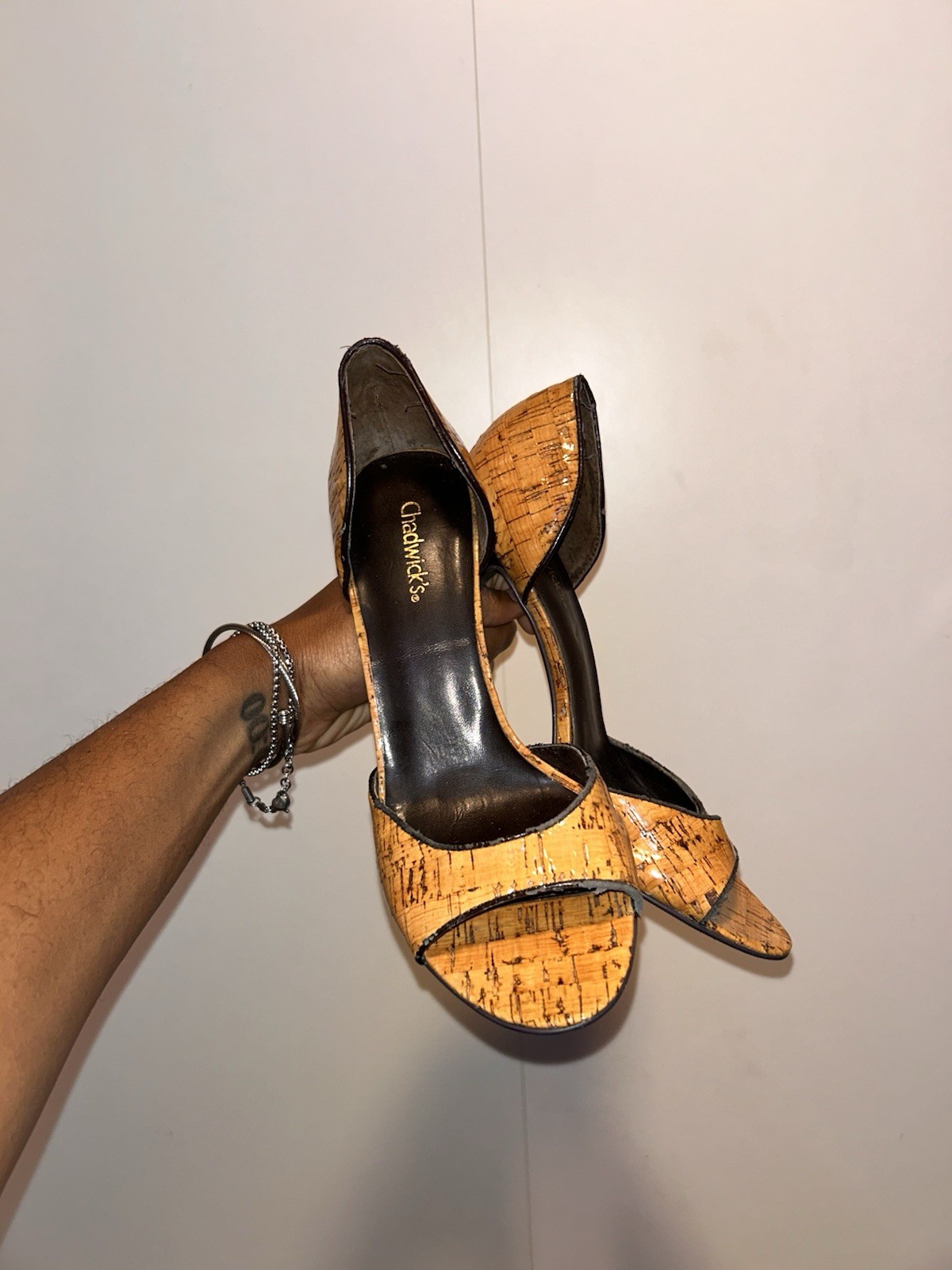 Chadwicks Tan Black D’Orsay Peep Toe Solid Stiletto Slip On Synthetic Heels
