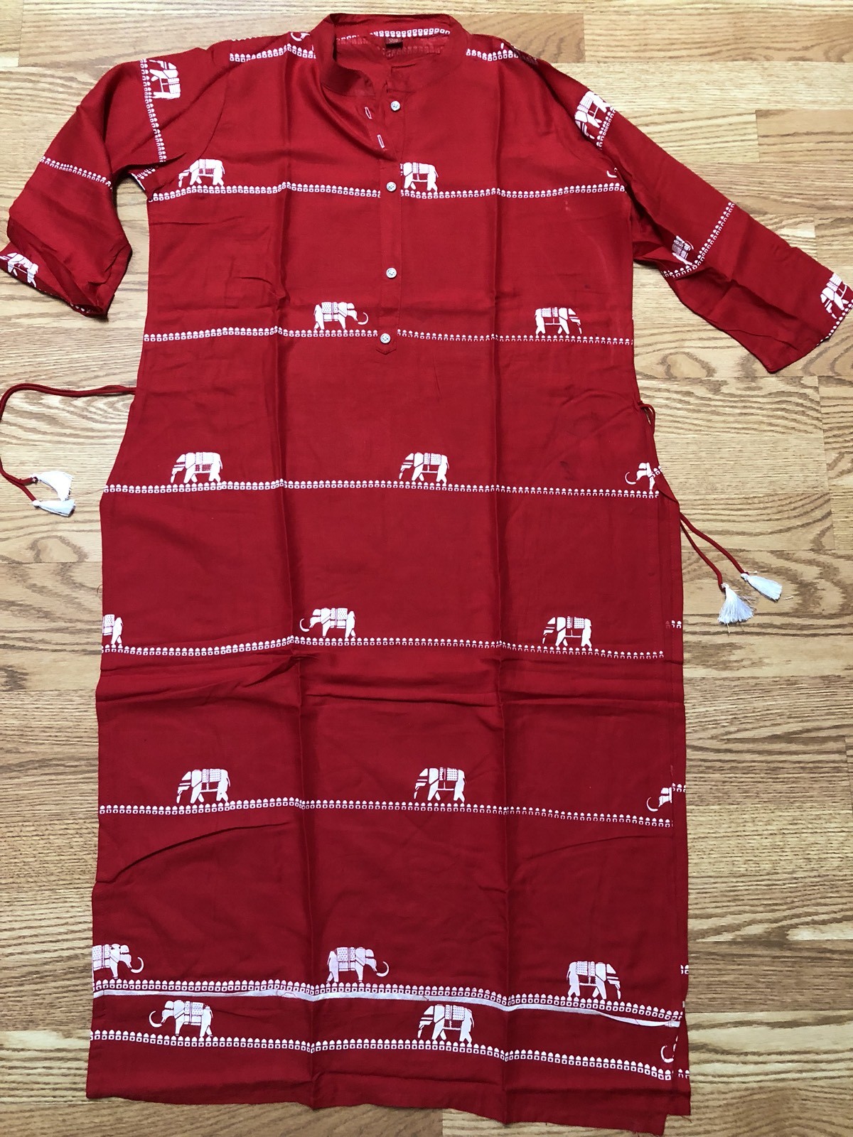 KURTI Kurta Kameez INDIA-NEW-SZ 44-RED ELEPHANTS TASSLES / BUTTONS -USA SELLER
