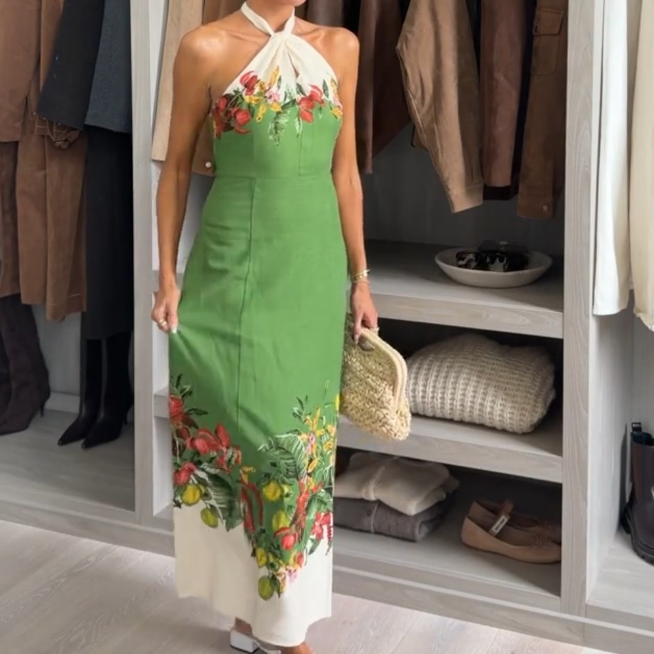 NWT H&M Linen-blend Halterneck Dress Green/flowers 1329753001 Sizes S, M, L