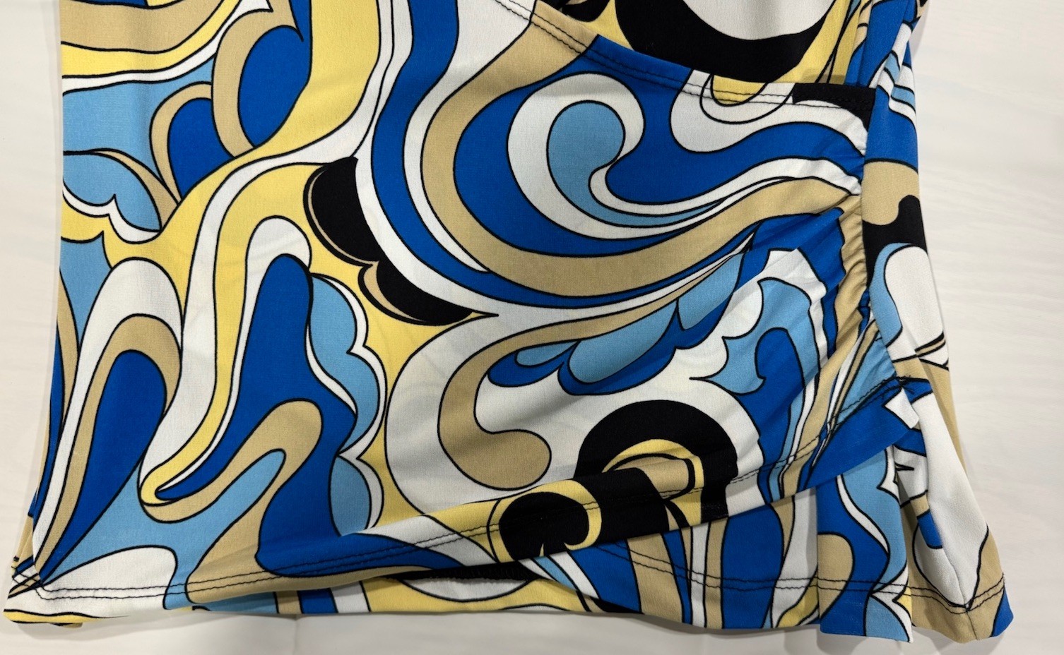 Women’s Abstract Swirl Print Stretch Top Blue Yellow Black 3/4 Sleeve Small