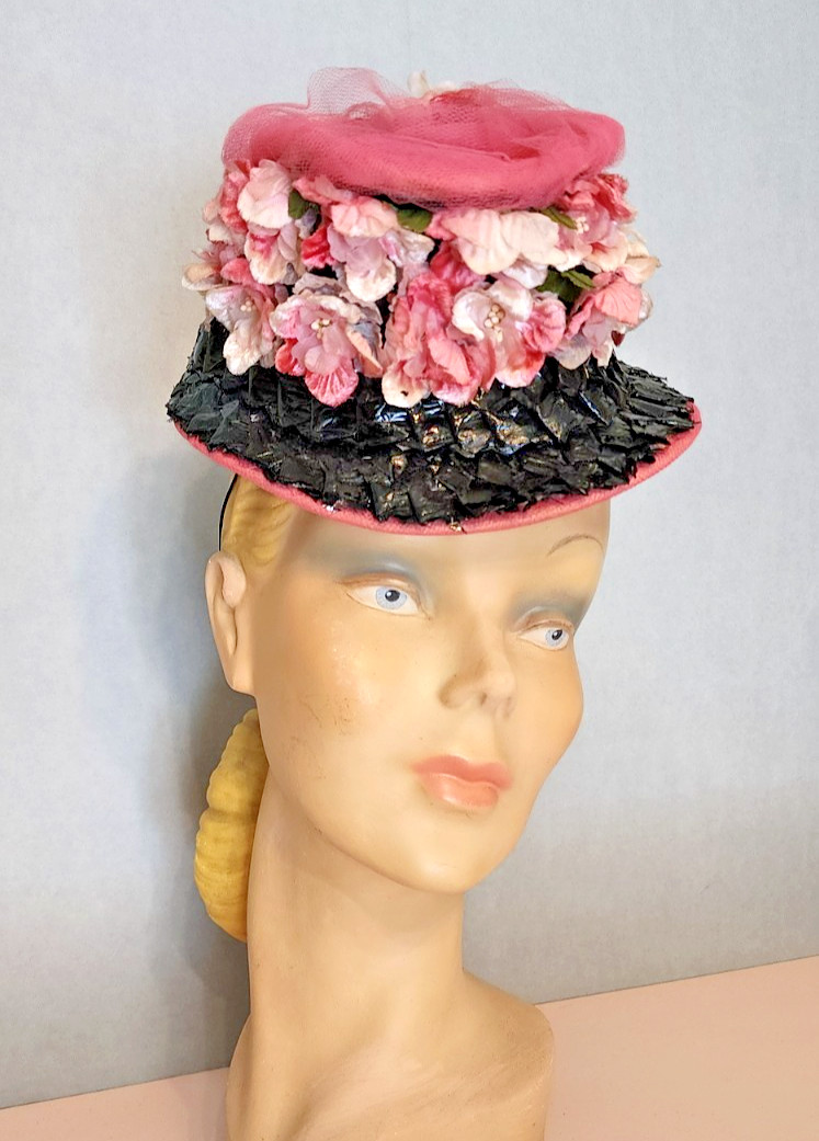 Vintage 1940s Pink Black Floral Toy Tilt Hat Topper Tulle Straw