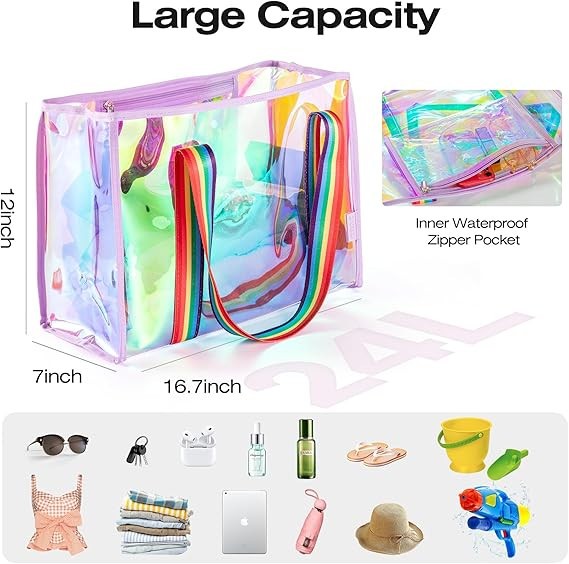 Iridescent Clear Beach Tote Bag Large Waterproof Zipper Pocket Swim Pool Women