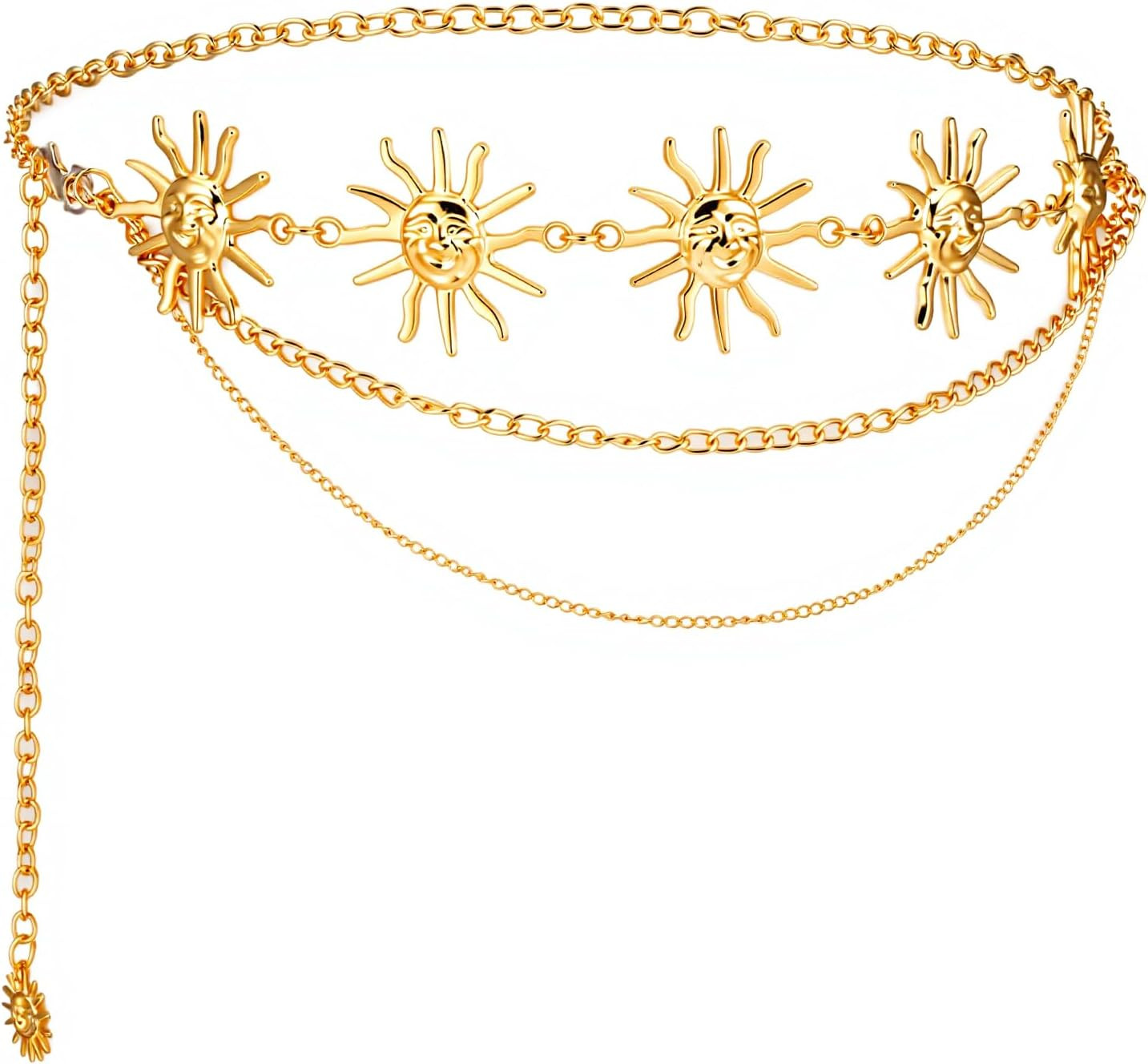 Women Waist Chain Belt Multilayer Metal Belt Gold Sun Adjustable Boho Waist Chai